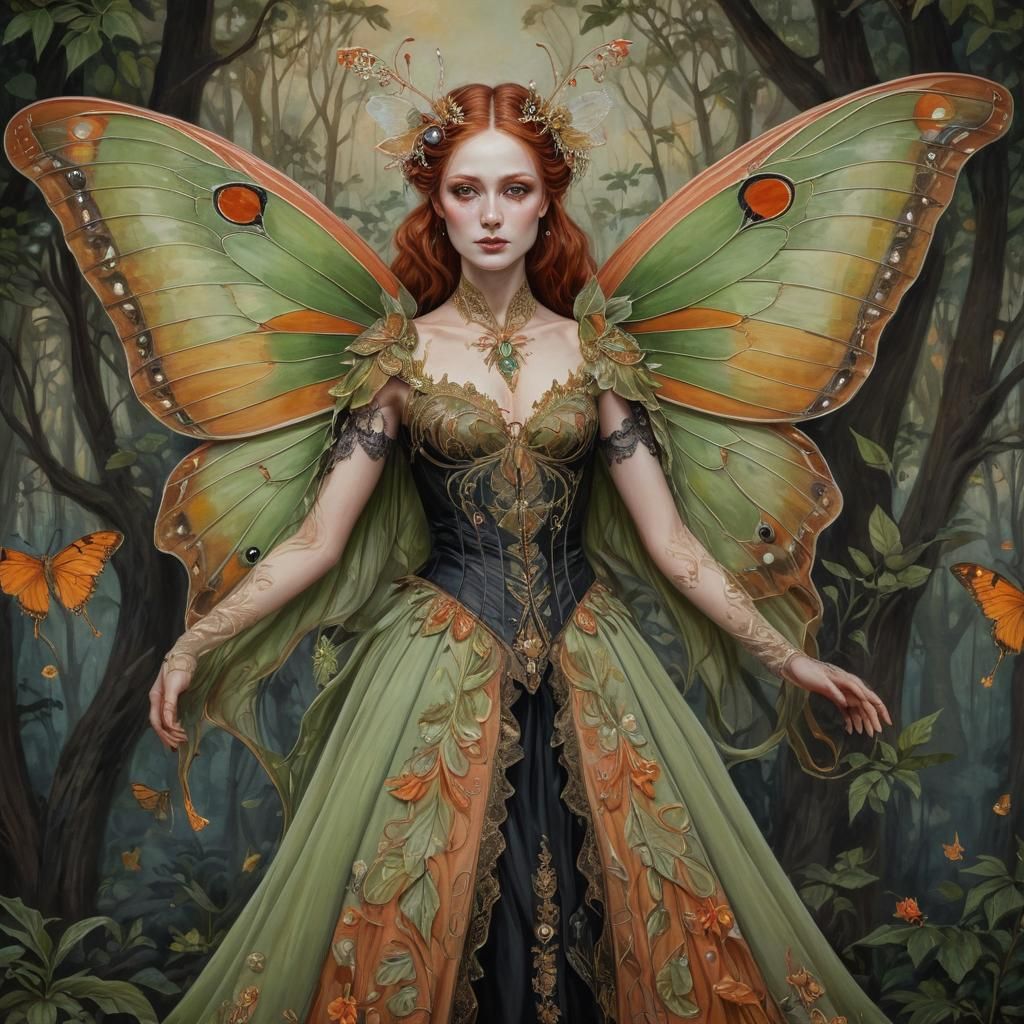 Whimsical Victorian Luna Moth Queen Portrait