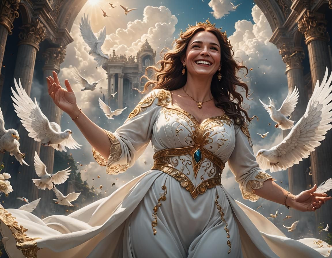 Woman in White Dress Smiling in Heaven: Fantasy Art