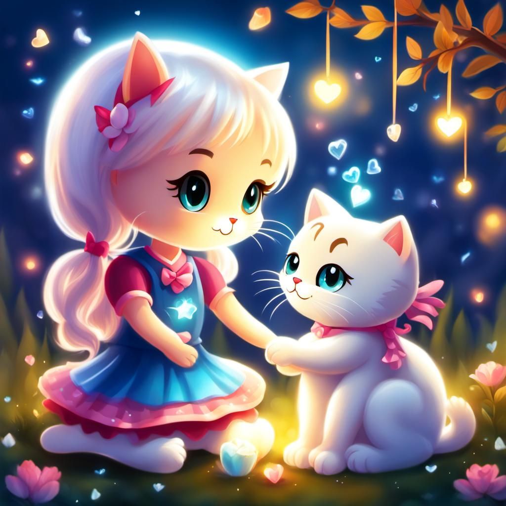 Sparkling Cat and Fantasy Girl Play Together