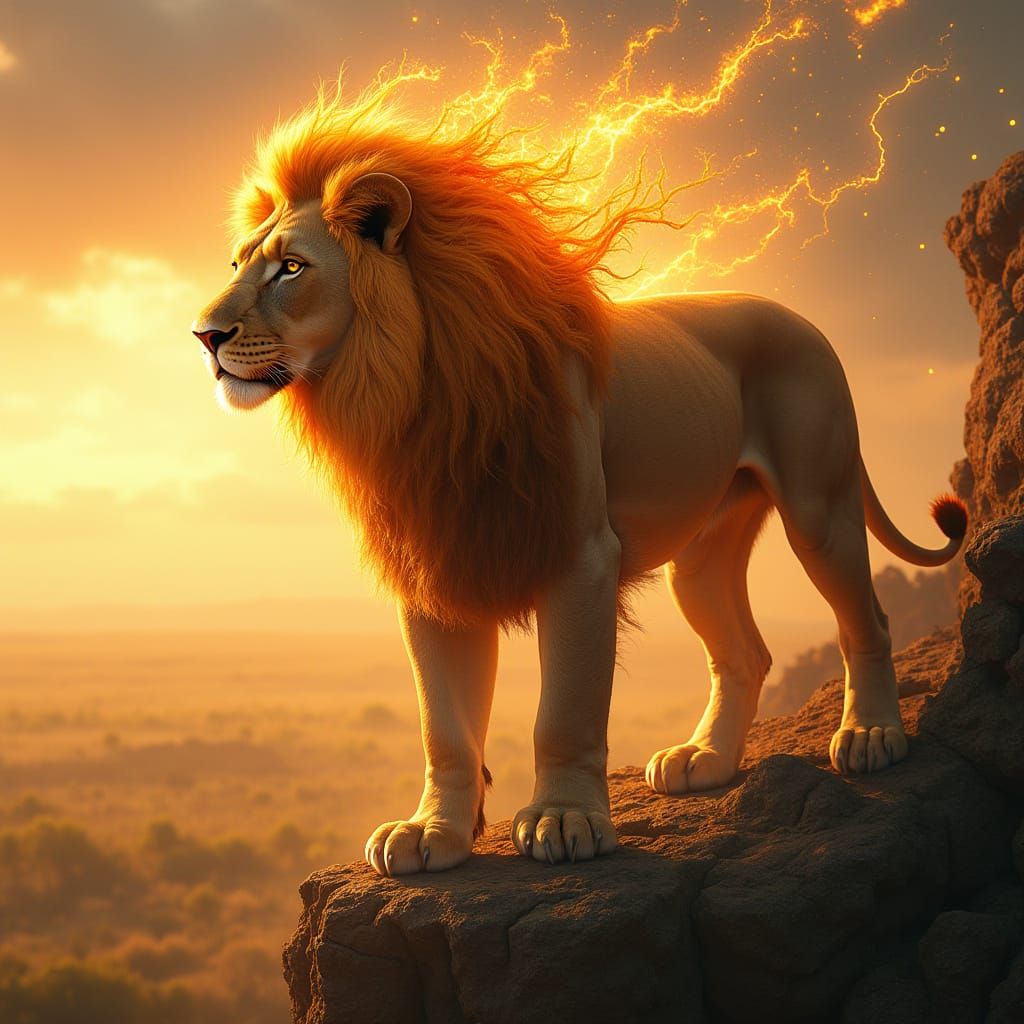 Golden Lion King of the Sunlit Savanna in Hyperrealistic Sty...