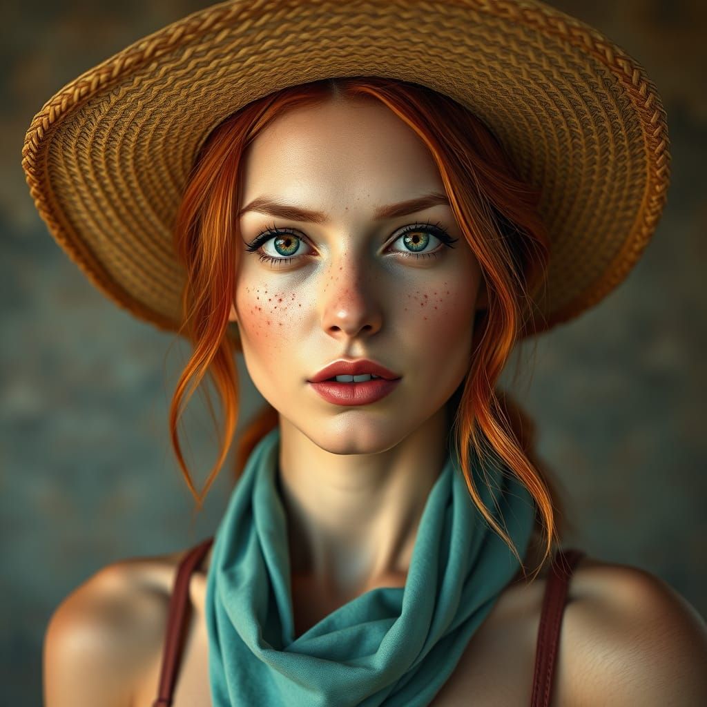 A woman with freckles and a straw hat,