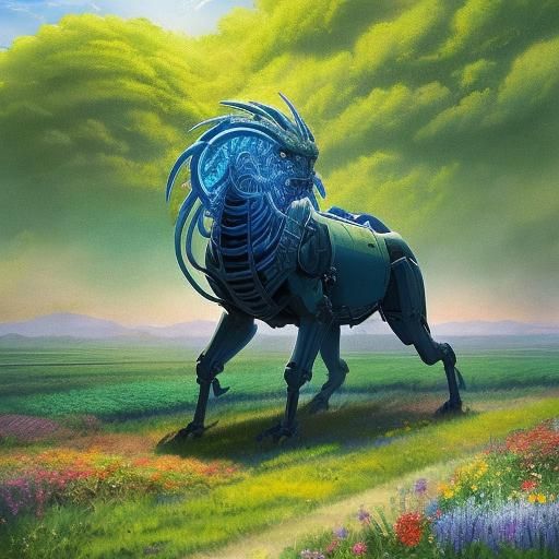 Mechanical Beast in Flower Field: Studio Ghibli Style