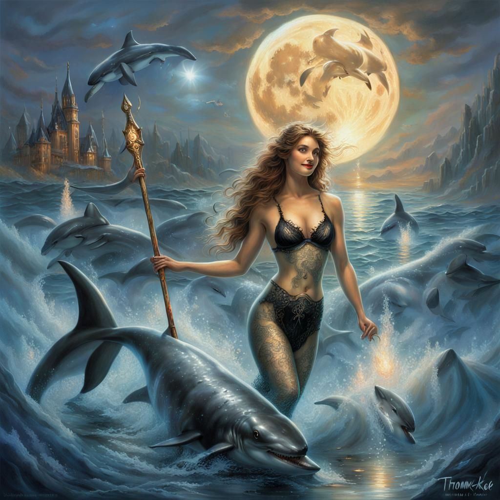 Ethereal Fantasy: Lady on Shark in Steamy Waters