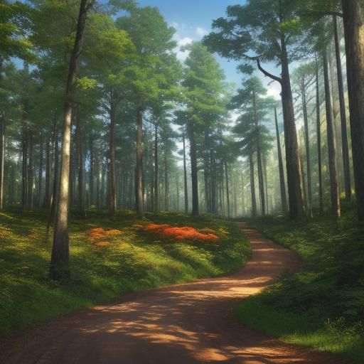 Lush Forest Path in Hyper-Realistic Oil Painting