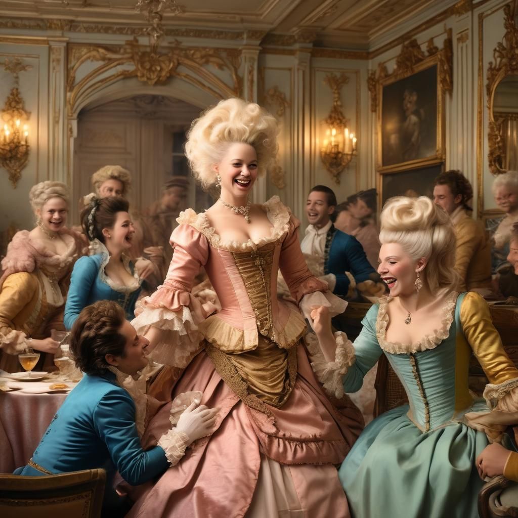 A whimsical scene of Marie Antoinette visiting a local pub i...