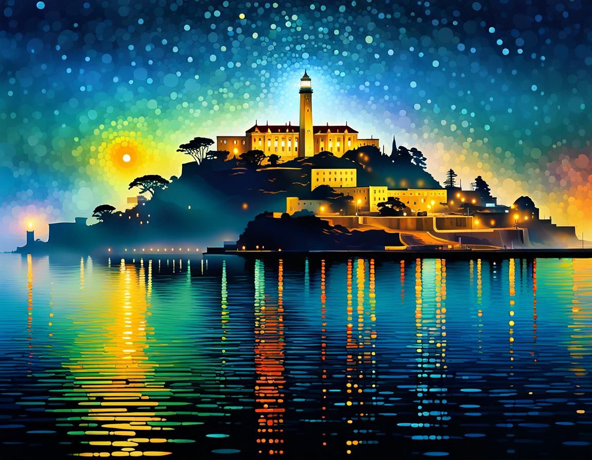 Alcatraz Island in Fog: Pointillist Abstract Art