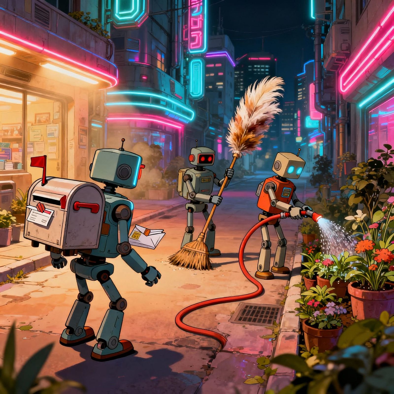 Whimsical Retro-Futuristic Cityscape with Quirky Robots