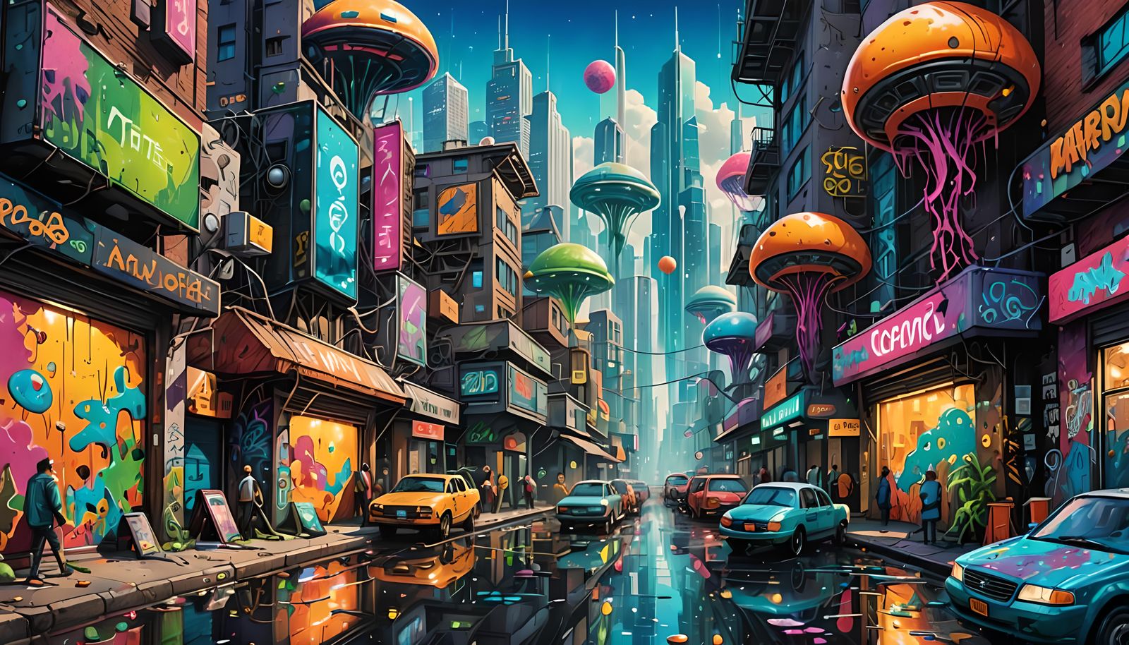Alien Megapolis Street Art in a Colorful Style