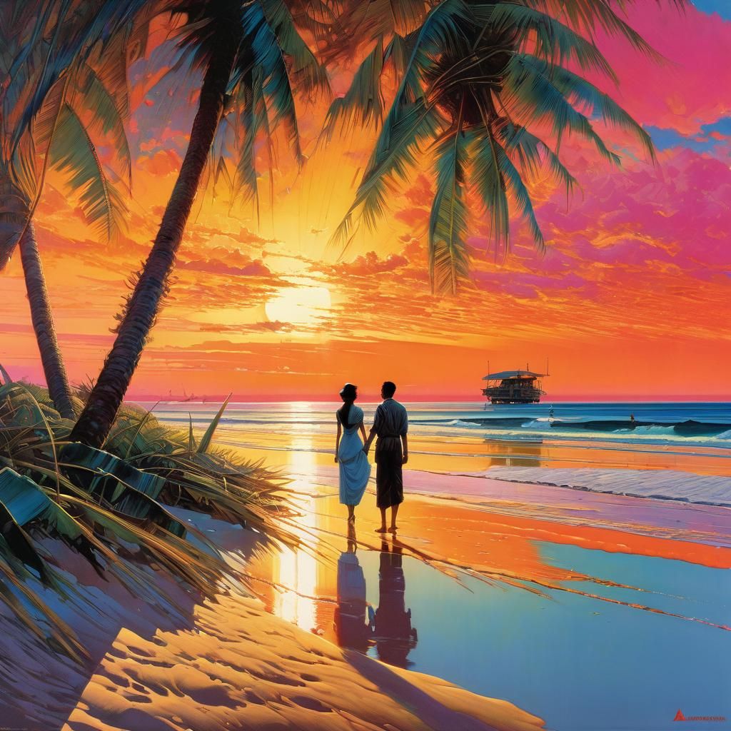 Sunset Beach Lovers in a Maximalist Style