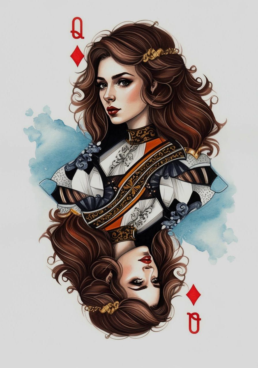 Sensual Victorian Queen of Diamonds in Ink