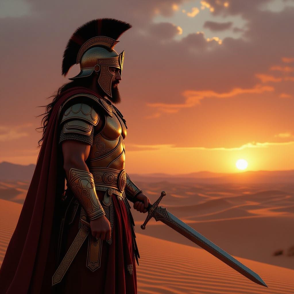 Assyrian Warrior Defies Sandstorm in Twilight