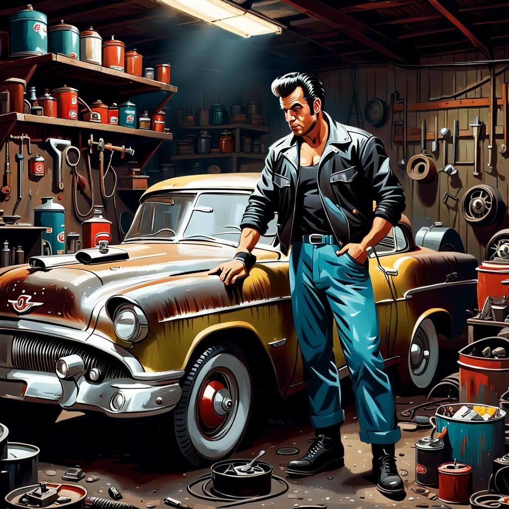 Gritty 50s Garage Mechanic in Moody Oil Painting Style