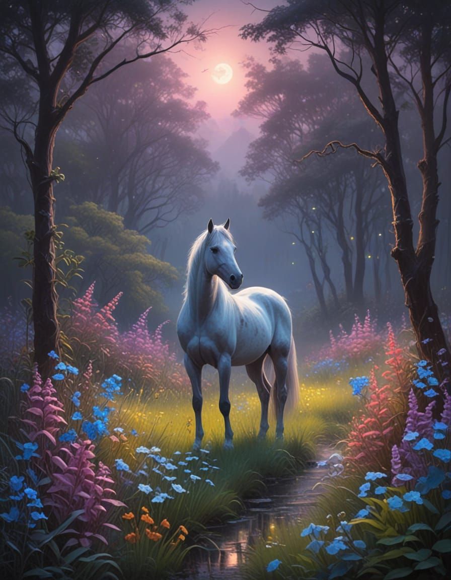 Neon Fantasy Landscape with Misty Horse