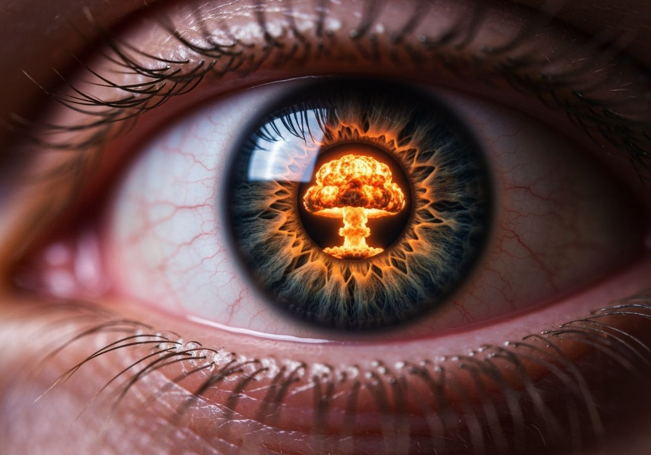 Eye Reflecting Nuclear Explosion in Retro-Futuristic Style