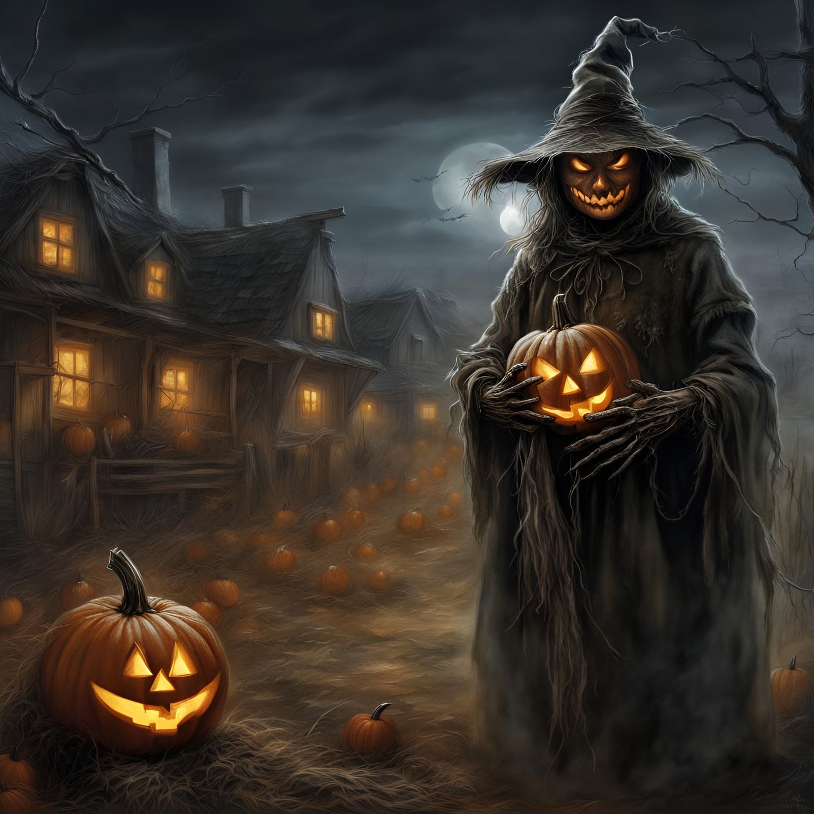 Jack-o'-Lantern Scarecrow in Dark Fantasy Style