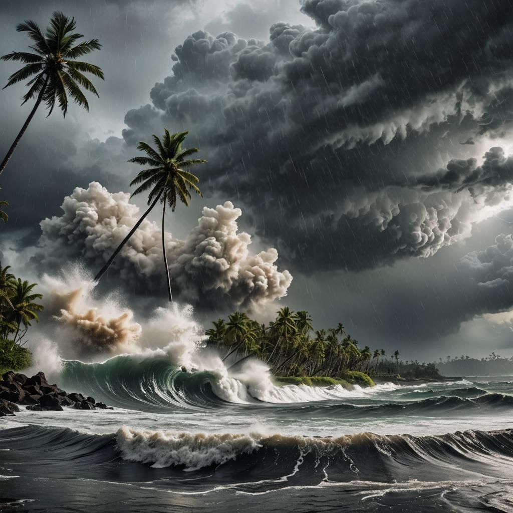 Typhoon Landfall on South Pacific Island in Digital Art