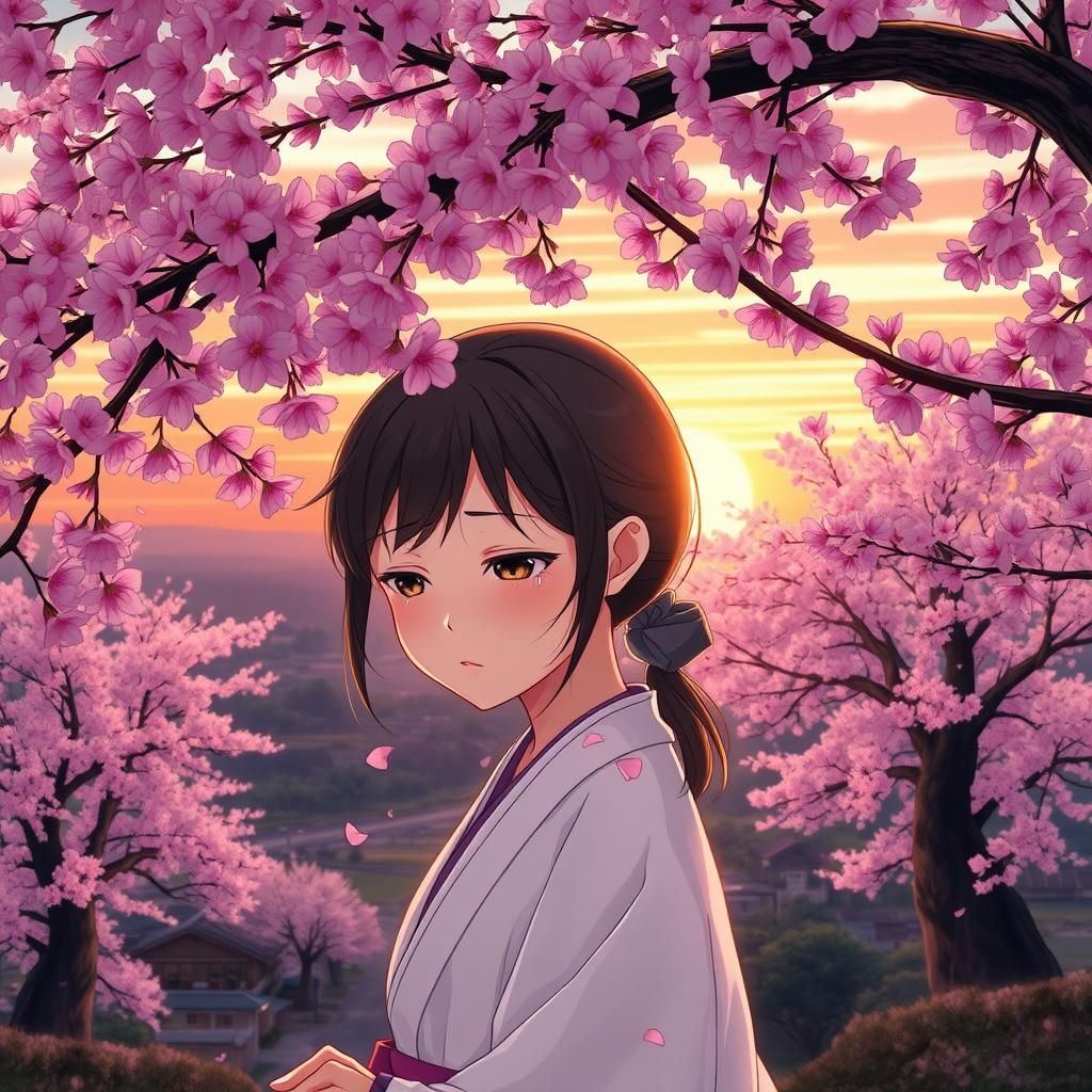 Crying Girl Under Cherry Blossoms in Hyperrealism