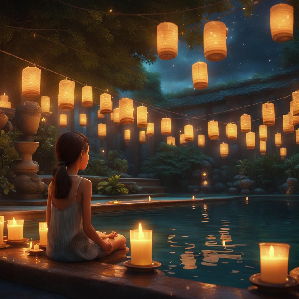 Romantic Poolside Scene with Floating Candles