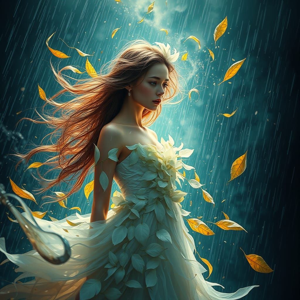 Woman in Storm of Leaves: Cinematic Portrait
