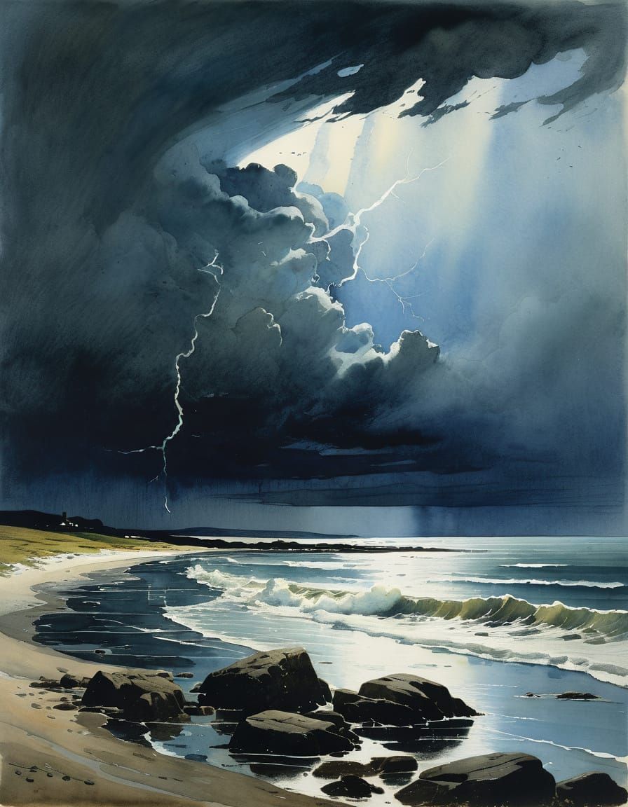 Dramatic Seascape Watercolour with Lightning