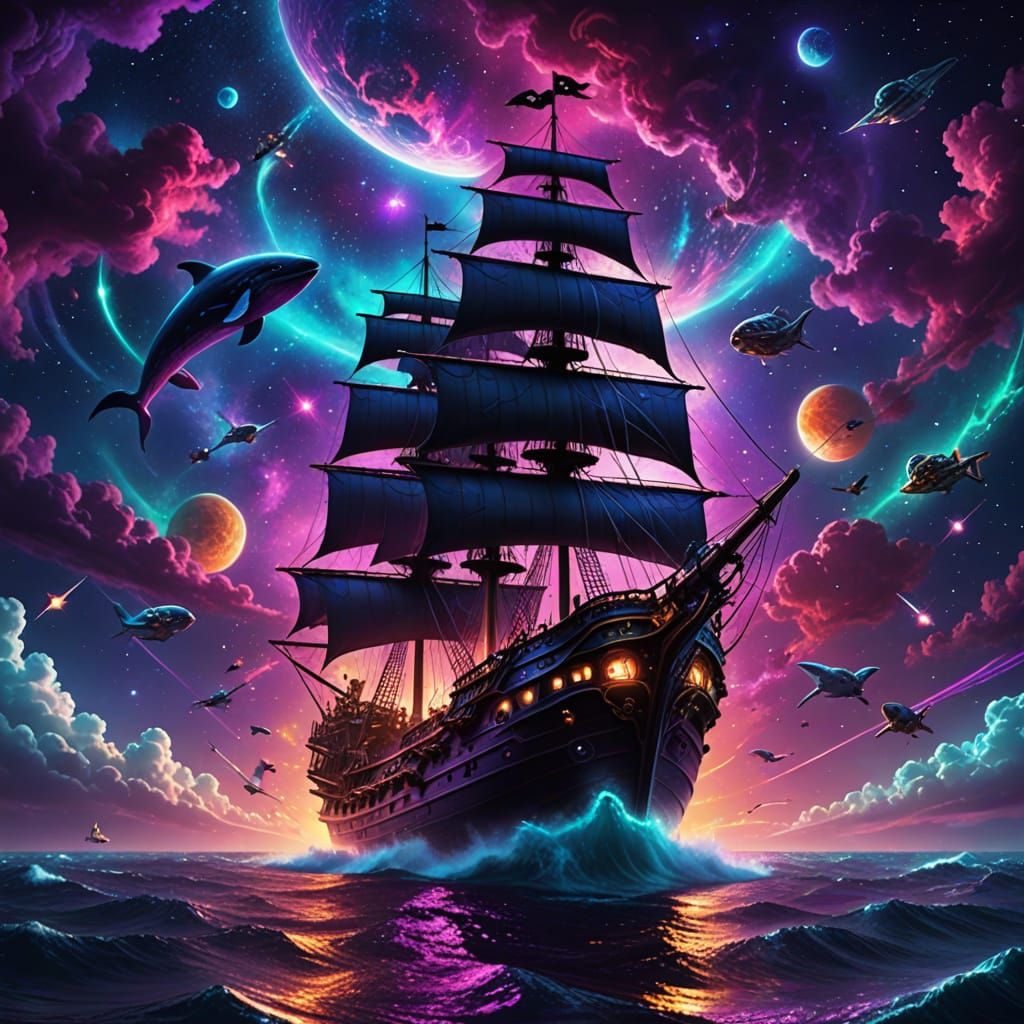 Pirate Ship Pursues Space Whale in Galaxy