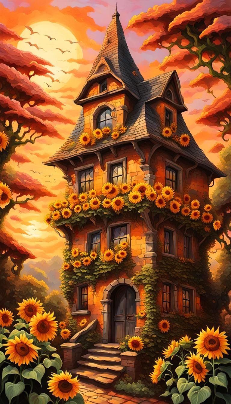 Surreal Witch House with Sunflowers, Impasto Oil Painting