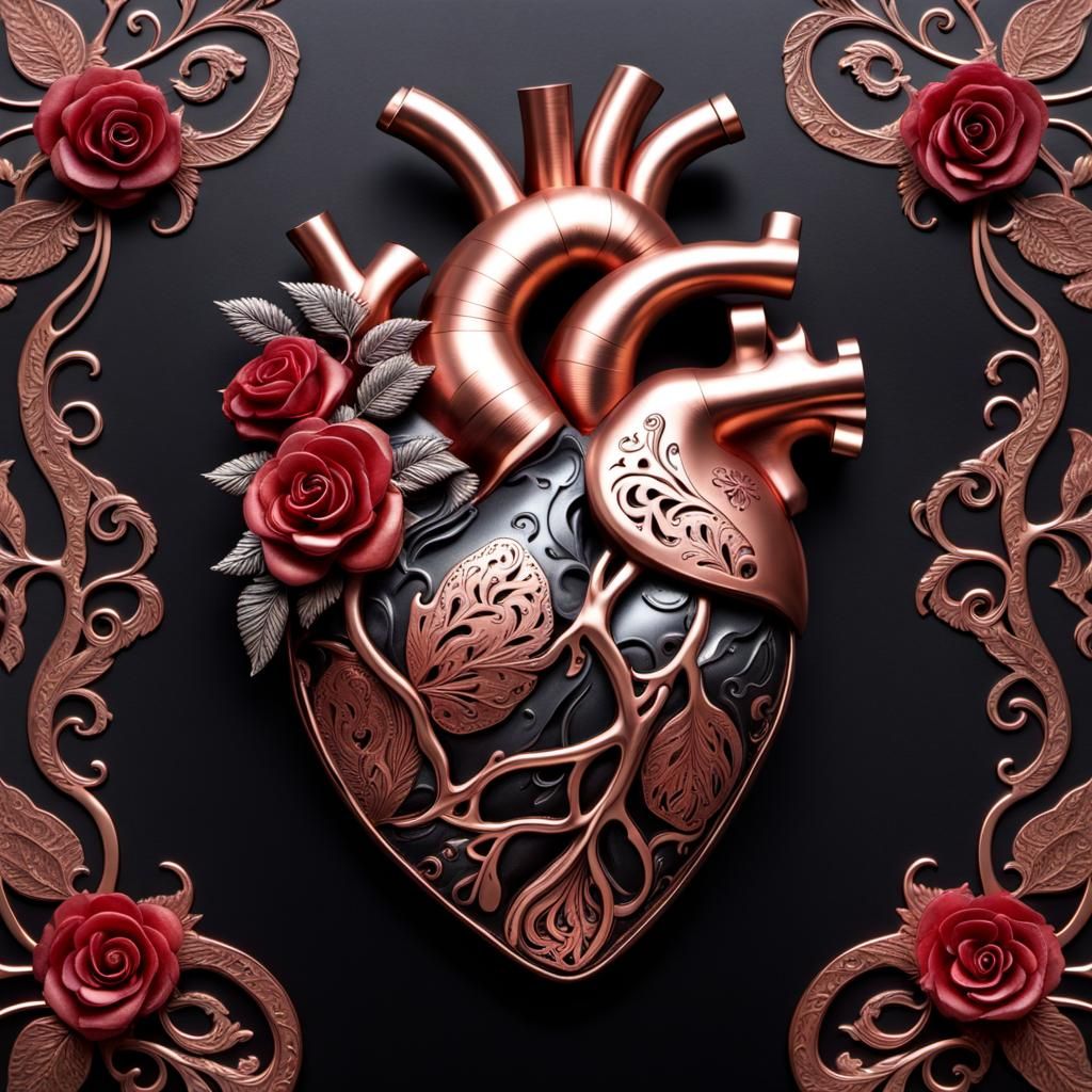 Ornate Copper Heart with Ruby Stones and Filigree