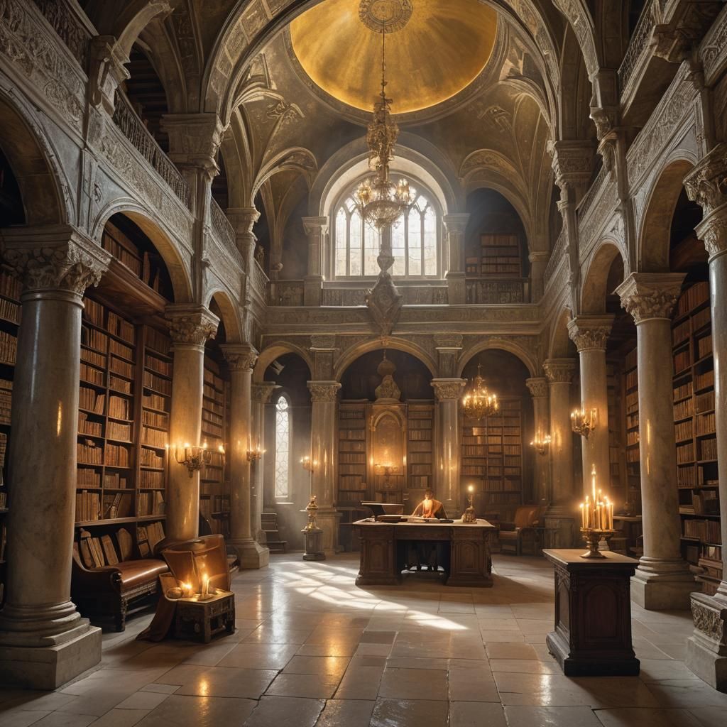 Mystical Monastery Library with Scribe, Digital Art