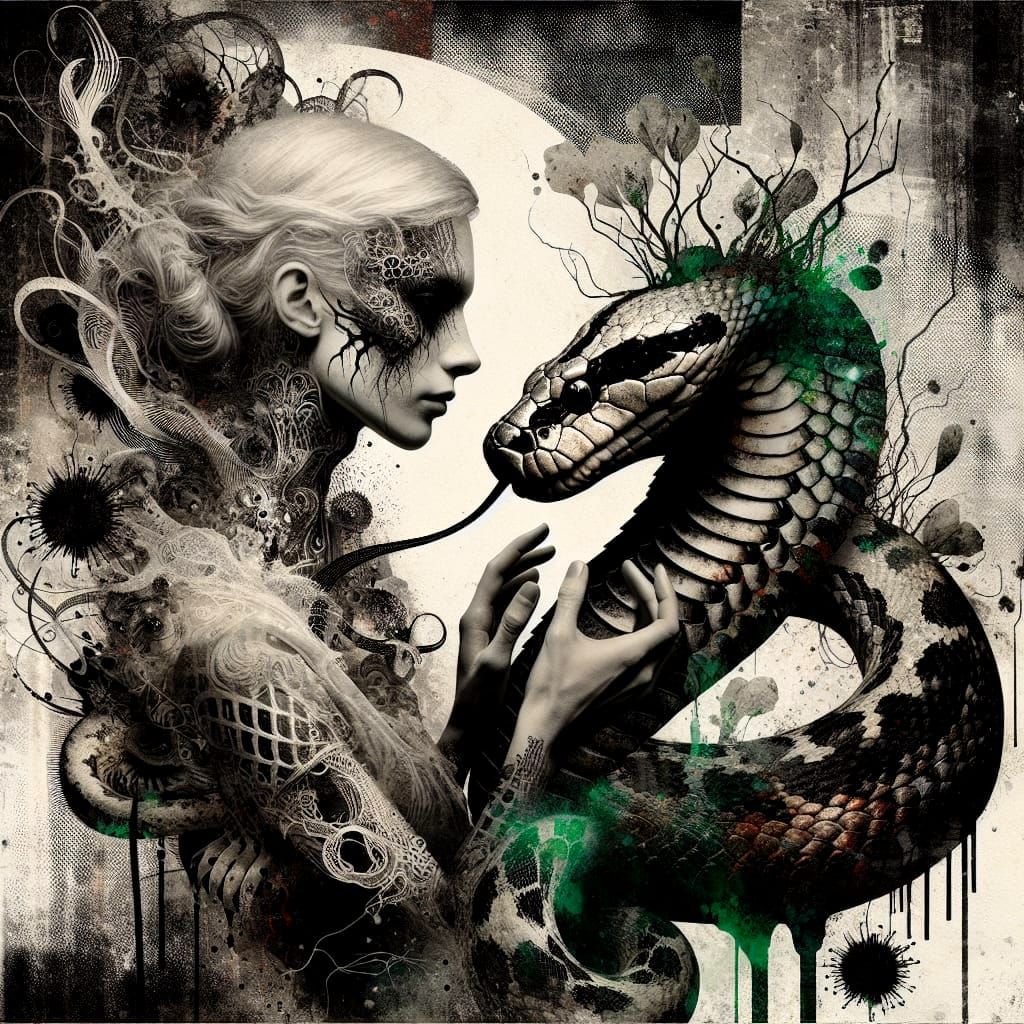 Surreal Urbanpunk Goddess Entwines with Ancient Serpent