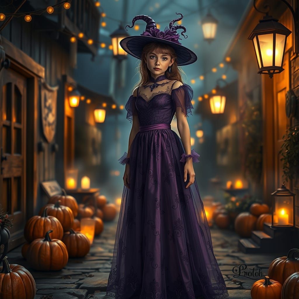 Mystical Halloween Night: Girl in Purple Dress on Cozy Stree...