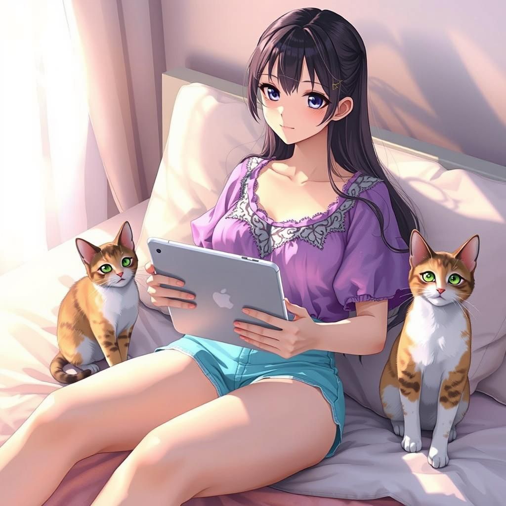Anime Woman with Cat and iPad in 3D Style
