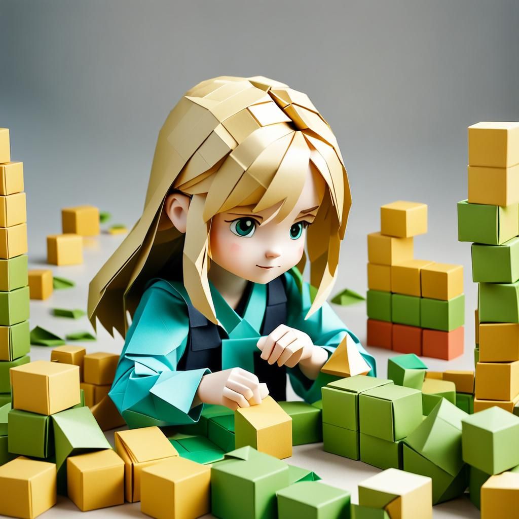 Origami Girl Builds Blocks in Papercraft Style