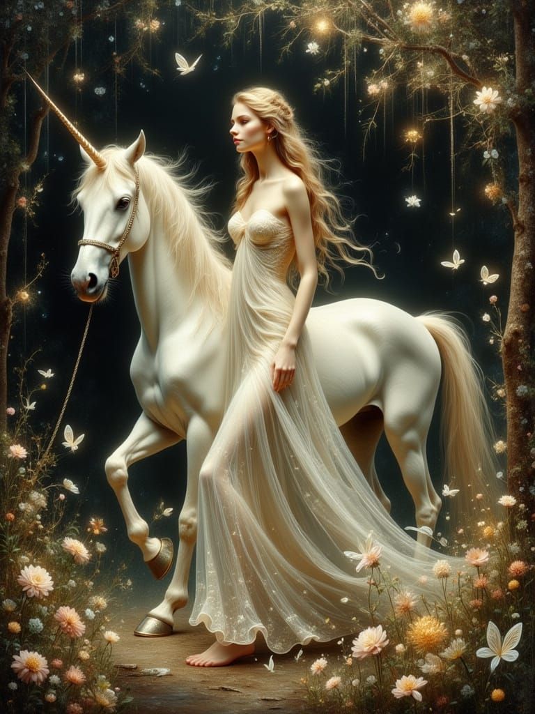 Surreal Oil Painting of an Ethereal Woman and Unicorn in a M...