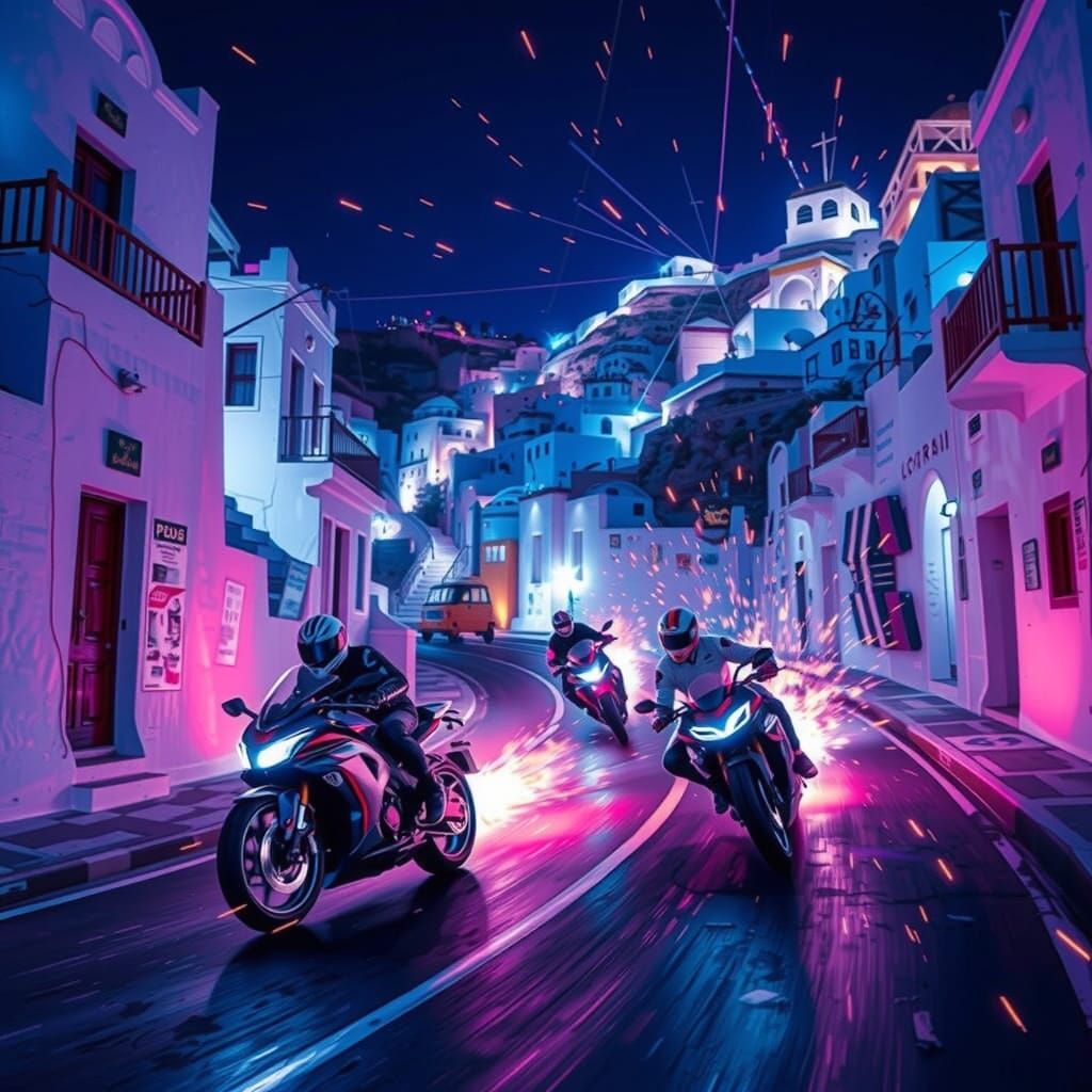 Cyberpunk Santorini: Neon Motorbike Chase at Night
