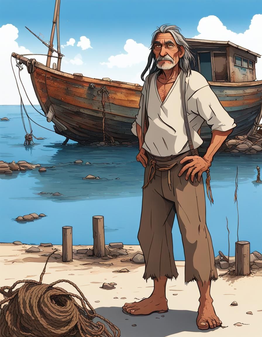 Native American Fisherman on the Shore, in Anime Style
