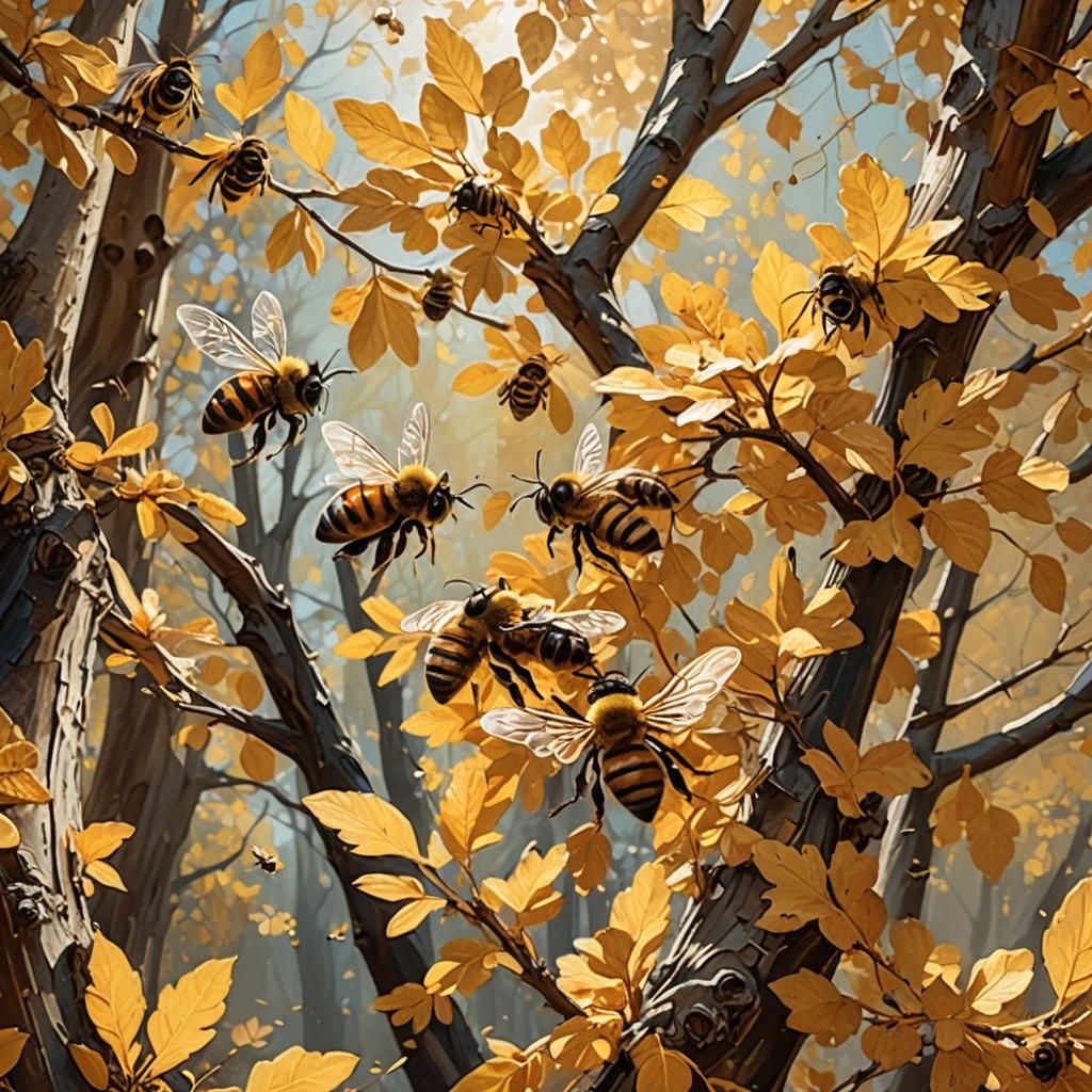 Bees' Wings Transform into Autumn Leaves: Hyperrealistic Art