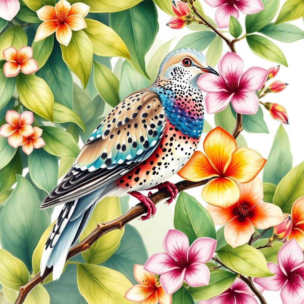 Spotted Dove in Watercolor Botanical Art Style