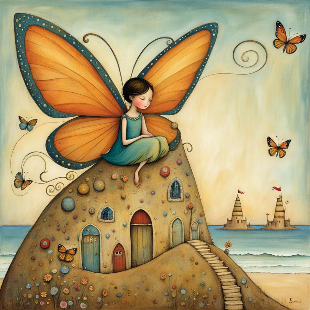 a whimsical pixie butterfly perched on a sandcastle