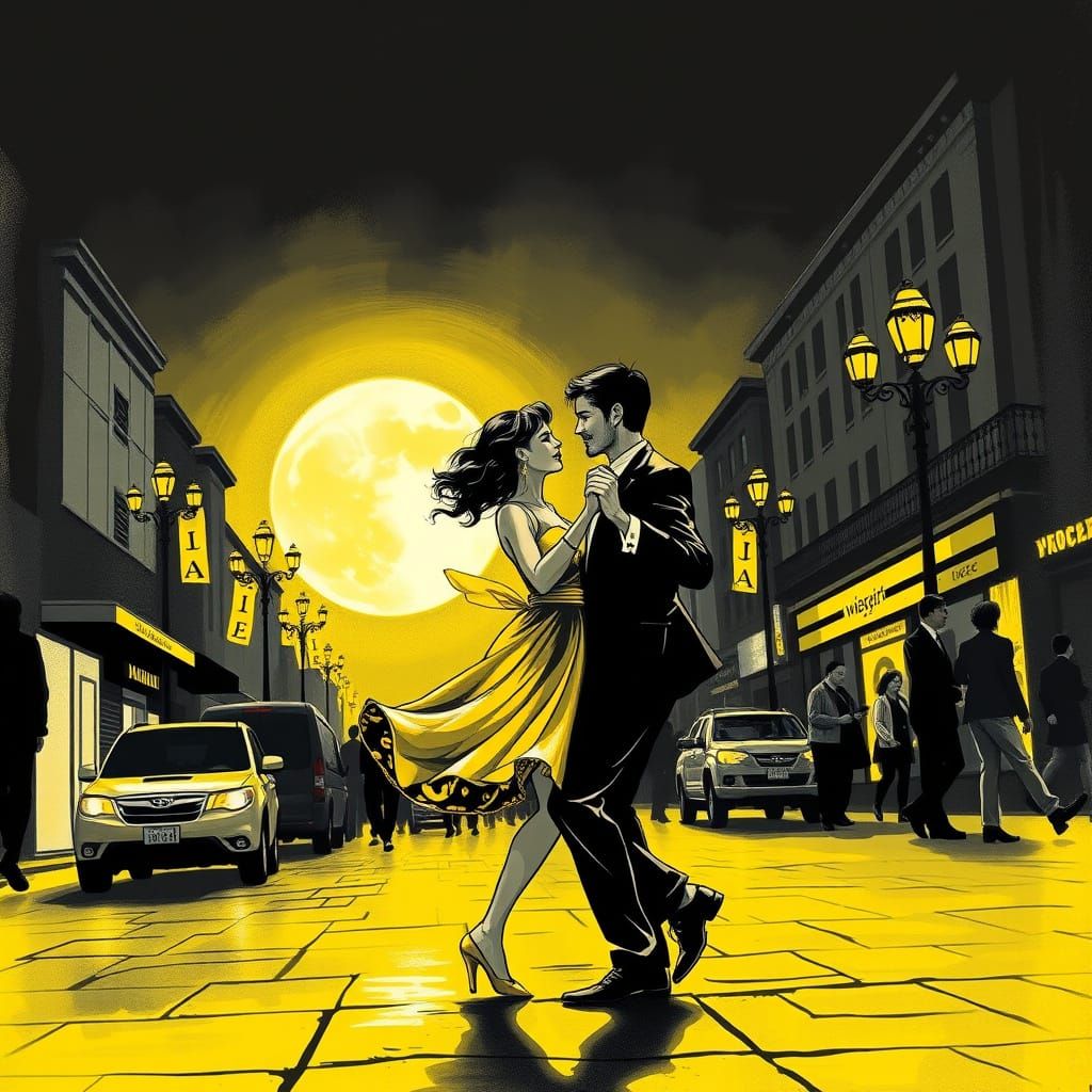 Man and Woman Dancing on Moonlit Street in Black and Yellow
