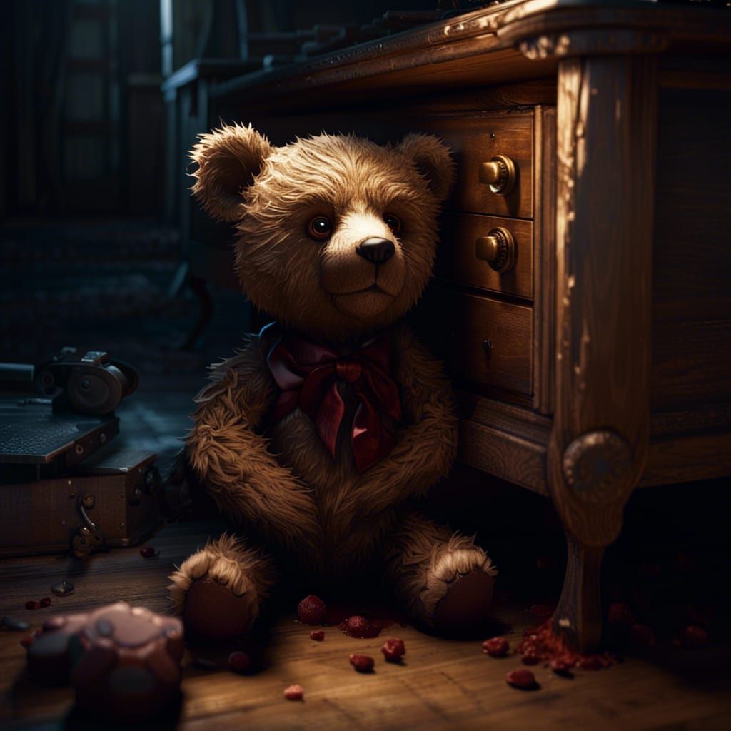 Creepy Teddy Bear Under Dresser in Dark Fantasy Style