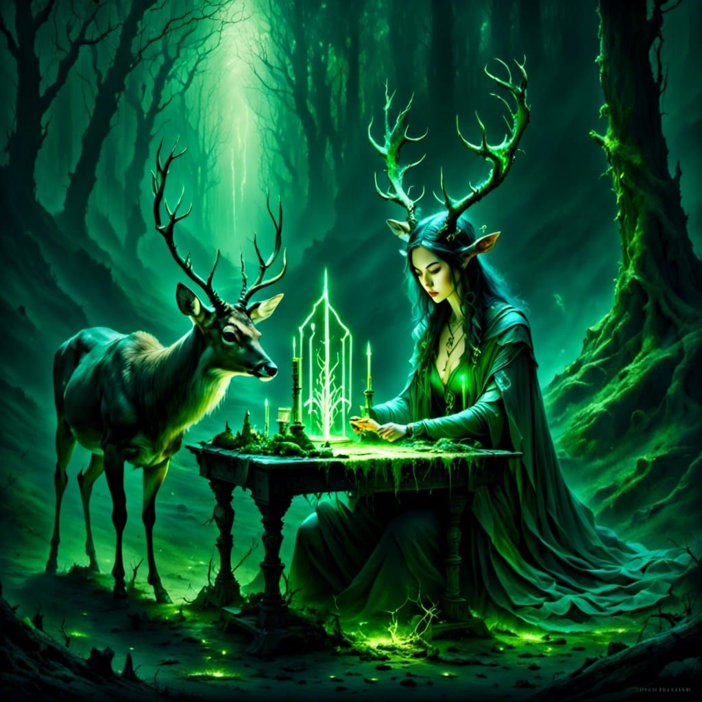 Druid Sorceress with Glowing Runes in Forest