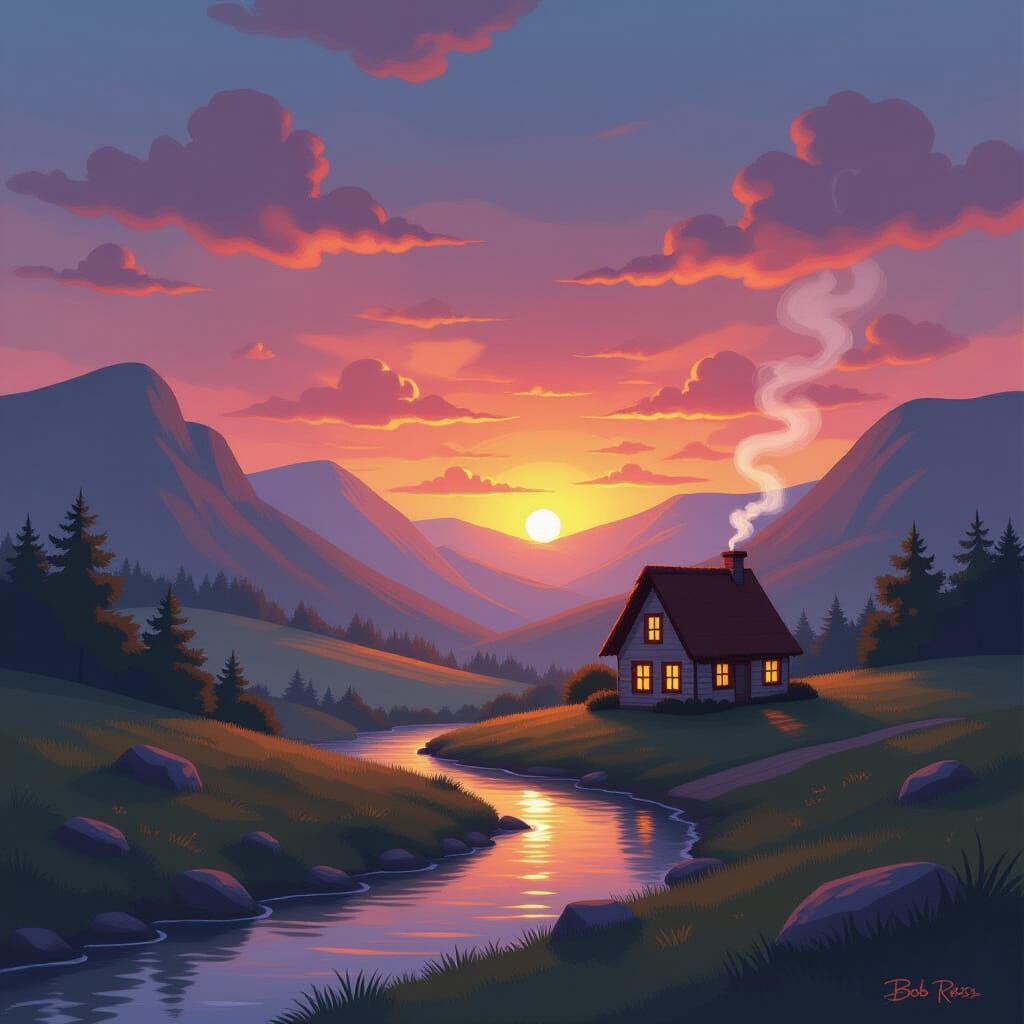 Idyllic Cottage Sunset Landscape in 3D Digital Art
