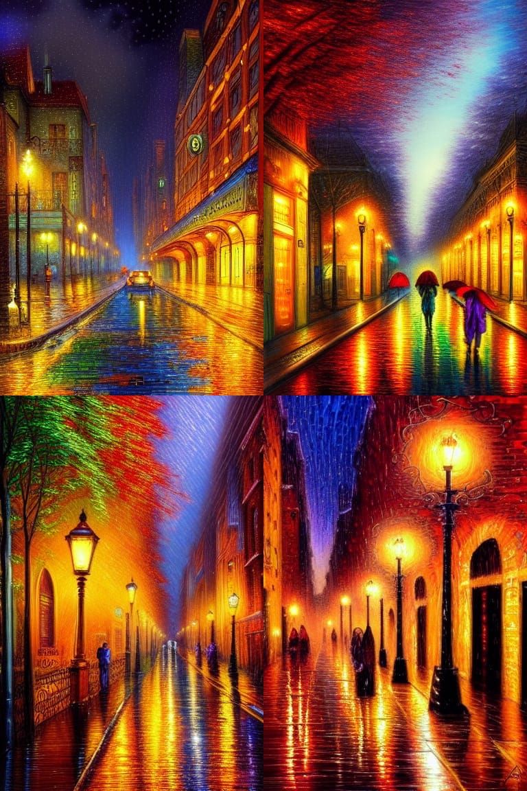 Rainy Autumn Street at Night in Digital Art Style