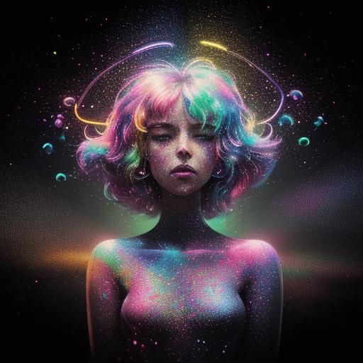 Woman Made of Colorful Paint Droplets in Synthwave Style