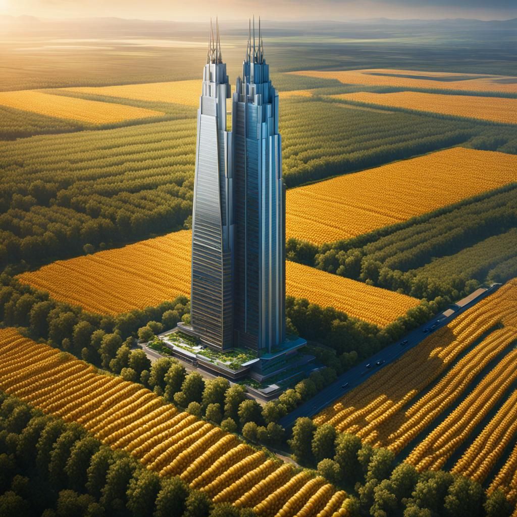 Skyscraper Emerges from Cornfield: Hyperdetailed Concept Art