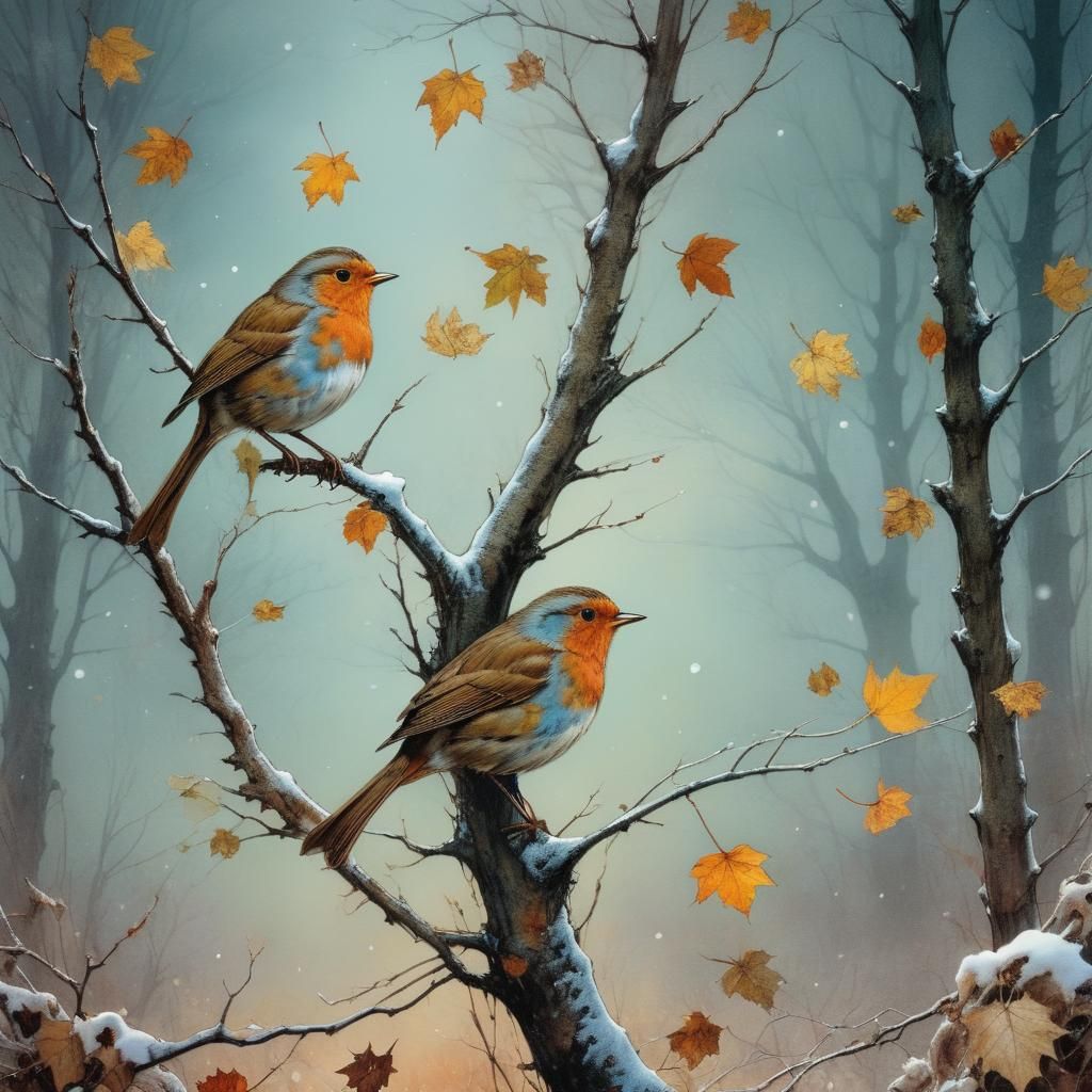 Mystical Robins Sing in Snowy Landscape