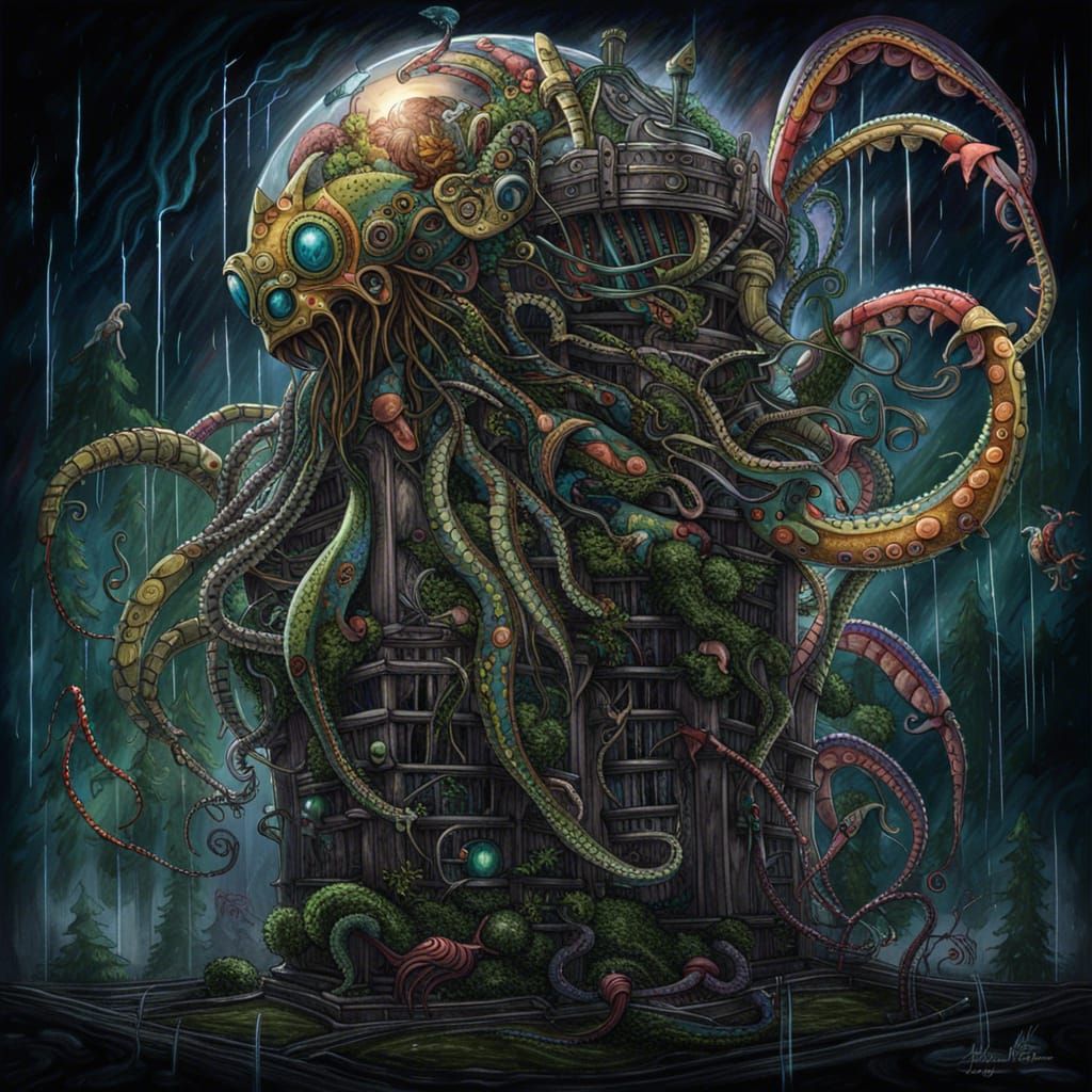 Translucent Biomechanical Squid-Clown Leaping from Tower