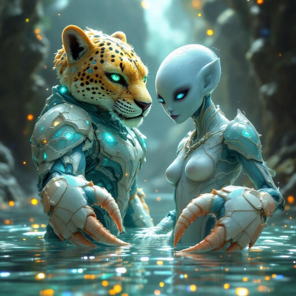 Crab Humanoid and Leopard Unite in Sci-Fi Dreamscape