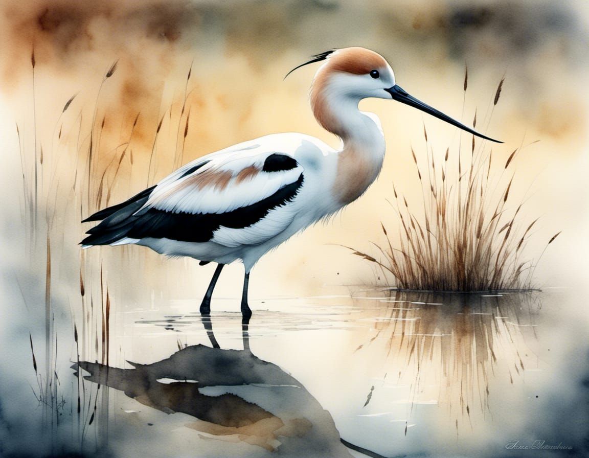 American Avocet in Misty Pond: Watercolor Art