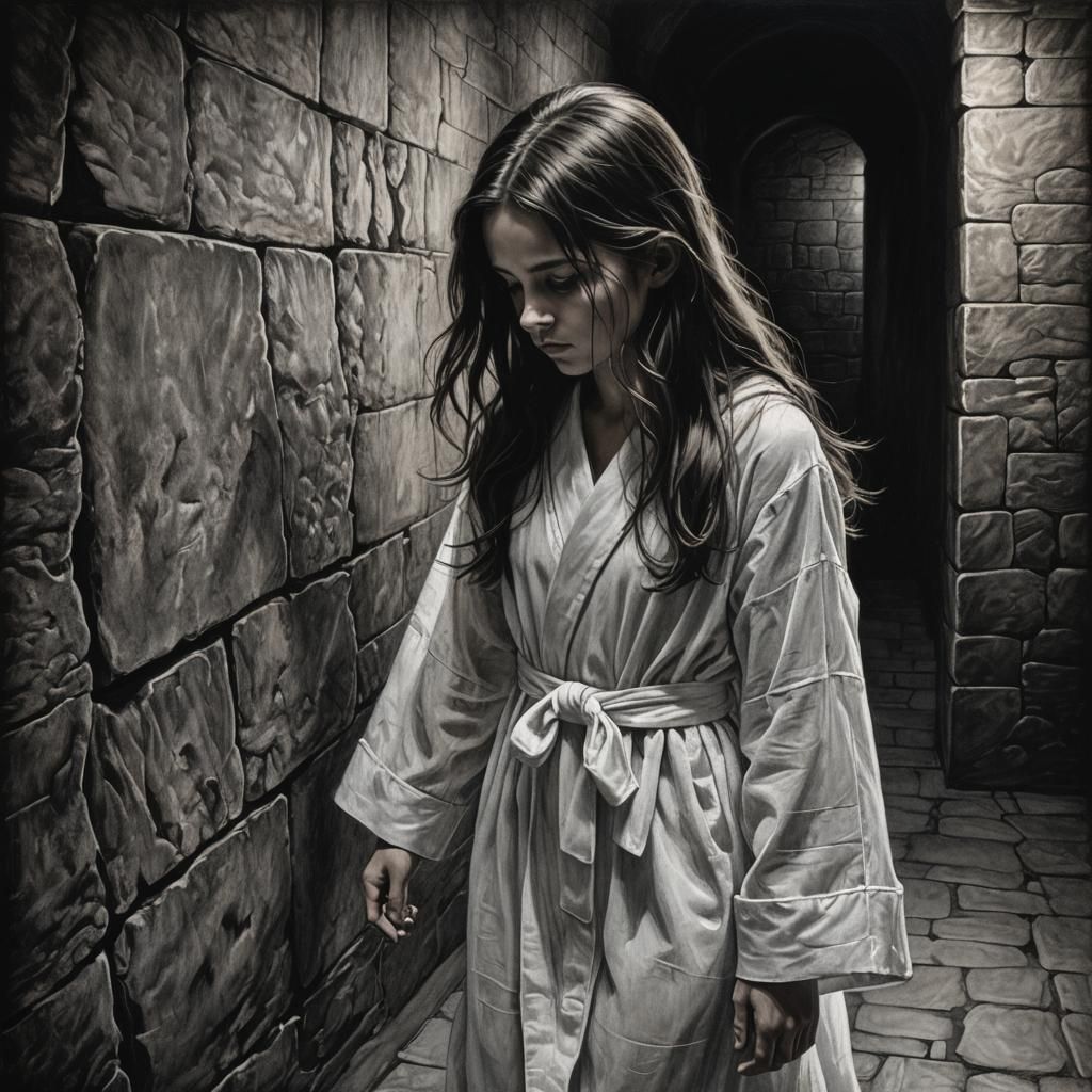 Moody Charcoal Drawing of Girl in Corridor